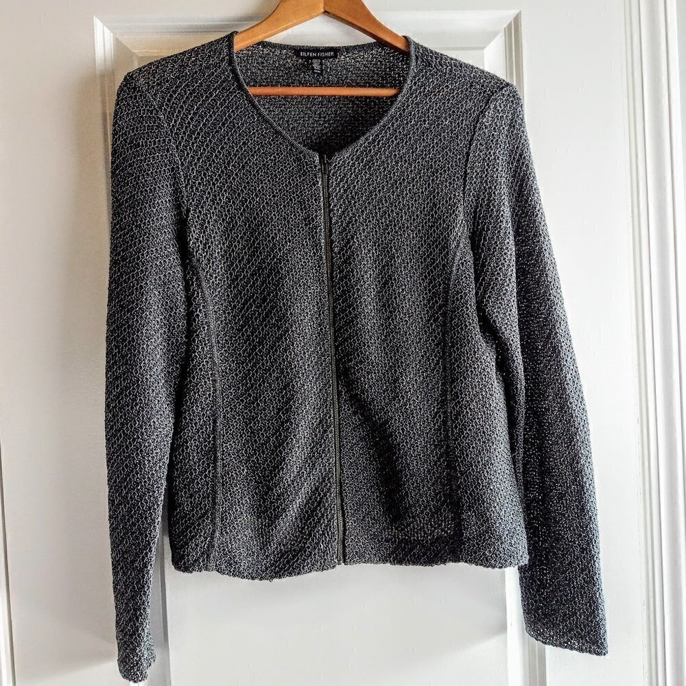 Eileen Fisher Open Weave Linen & Cotton Zip Cardigan